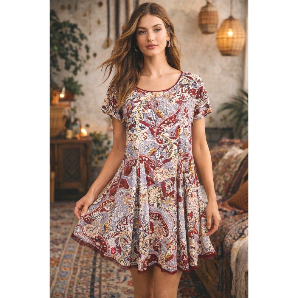 Silence + Noise Womens Boho Paisley Floral Swing Dress S Purple Festival Summer